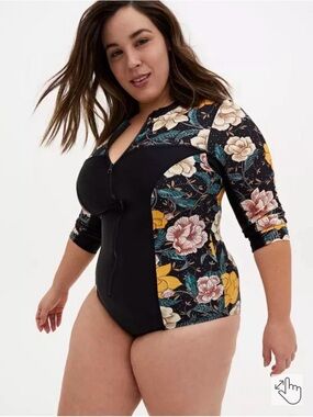 torrid Black Floral Zip-Front Long-Sleeve One-Piece Swimsuit